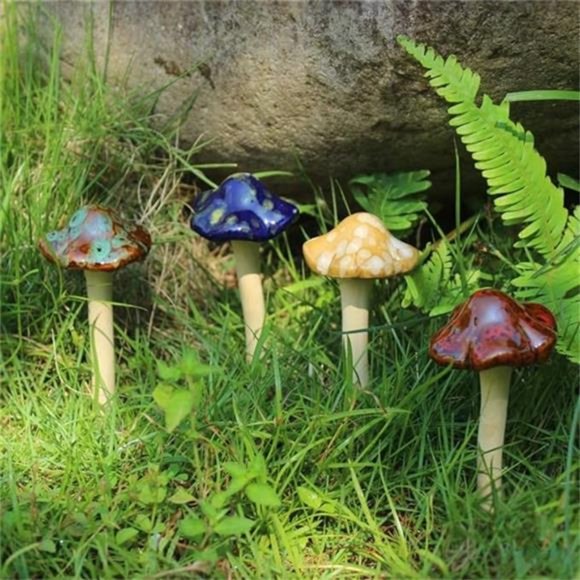 Ceramic Mushroom for Garden - Lawn Ornament Décor - 4.52" 4pcs (Random Color) - Picture 3 of 8